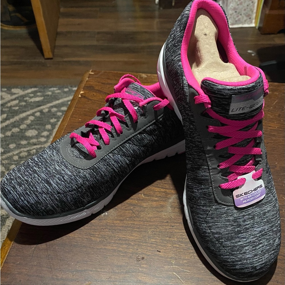 Skechers Women’s Gray Knit Athletic Sneakers with Pink Accents